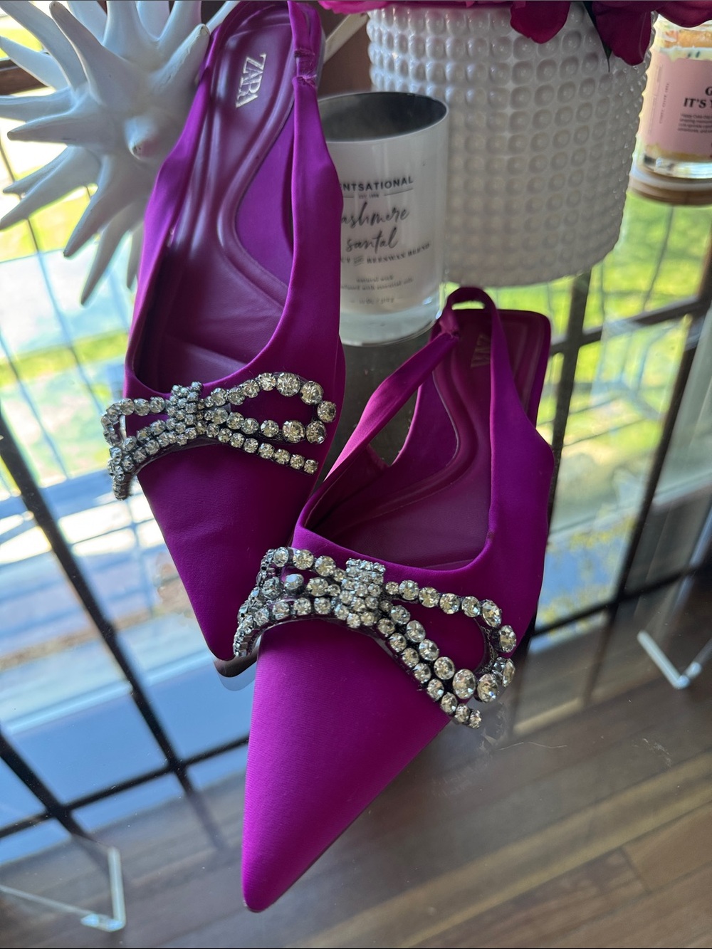 Zara Bright Fuchsia Satin Pointed Slingback Mules with Crystal Bow